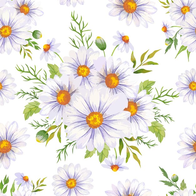 Vector elegant floral seamless pattern with watercolor white daisy flowers and greenery