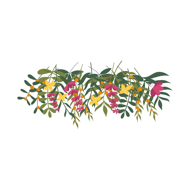 Elegant flower banner with green leaves colourful bright flowers and berries