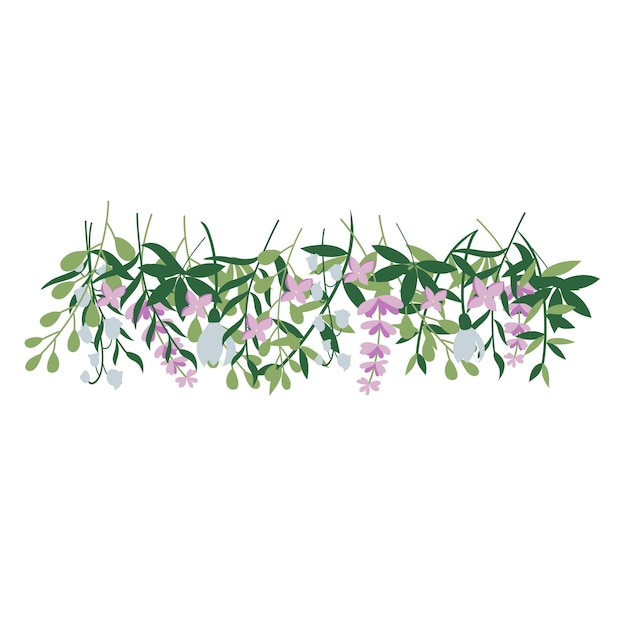 Elegant flower banner with green leaves snowdrops and lilac flowers