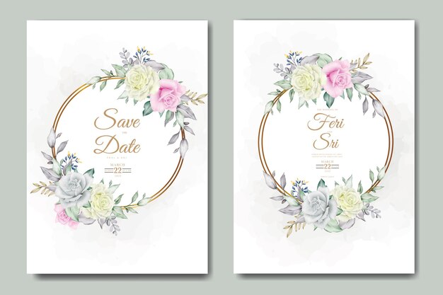 elegant flower and leaves watercolor wedding invitation card