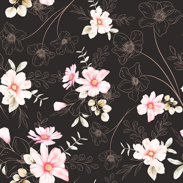 elegant flower line and watercolor floral seamless pattern