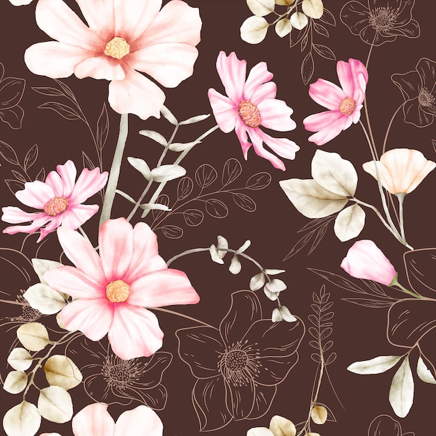 elegant flower line and watercolor floral seamless pattern