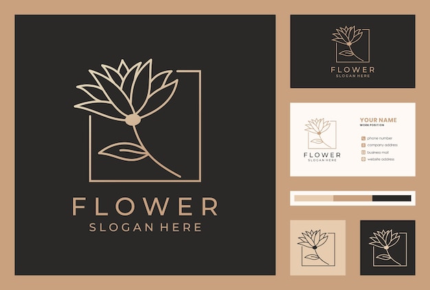 Elegant flower logo design in monoline style with business card template.