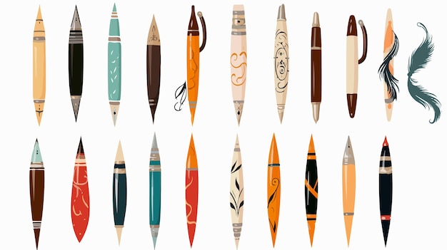 Vector elegant fountain pens collection and calligraphy elements on desk