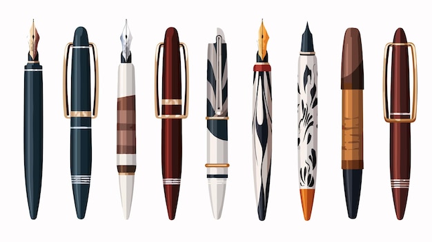 Vector elegant fountain pens collection and calligraphy elements on desk