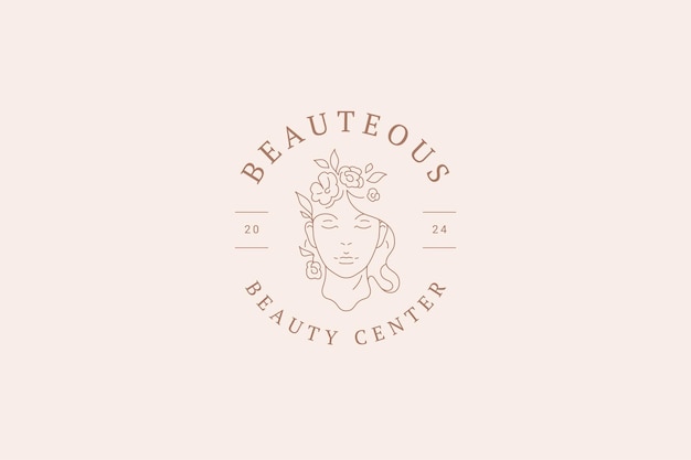 Vector elegant gentle floral woman face continuous line circle logo design template vector illustration