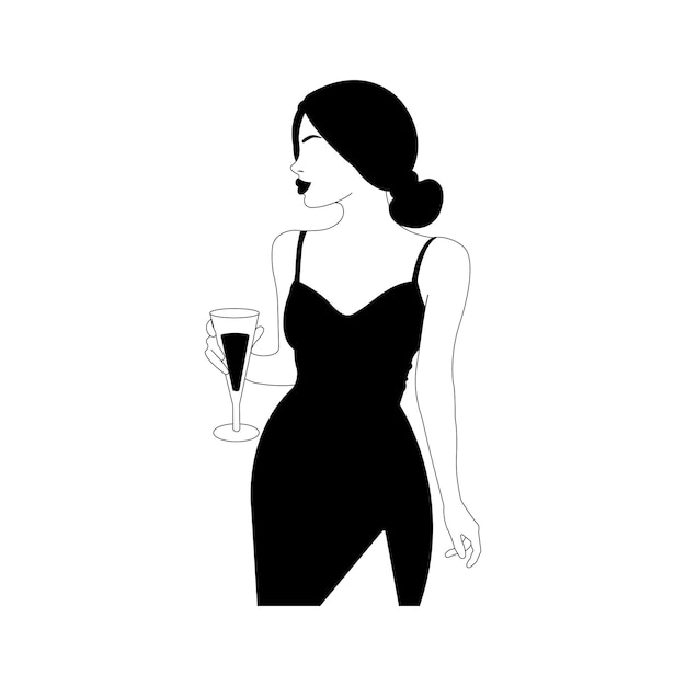 Elegant girl in a dress with a glass Female linear figure in a minimalist style For logo postcards