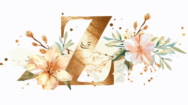 Vector elegant gold alphabet letter z with watercolor flowers and leaves