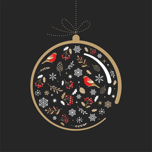 Elegant gold and black Christmas ornament with Xmas elements. 