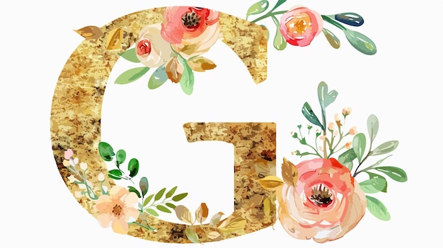 Vector elegant gold letter g with vibrant watercolor flowers and leaves