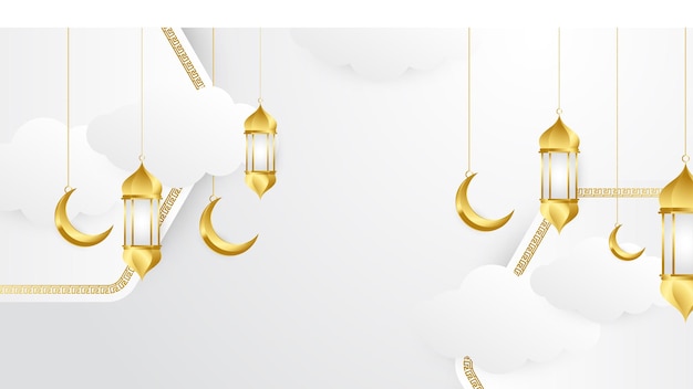 Elegant golden lantern arabic white gold Islamic design background Universal ramadan kareem banner background with lantern moon islamic pattern mosque and abstract luxury islamic elements