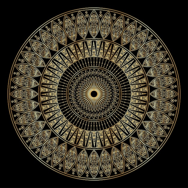 Elegant golden mandala in front of black color spiritual background