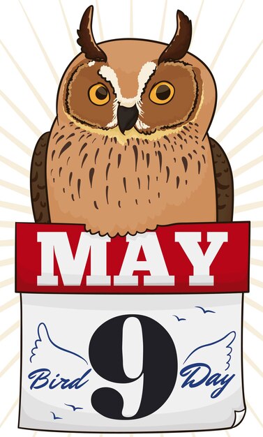 Vector elegant great horned owl on loose leaf calendar with reminder date to celebrate bird day on may 9