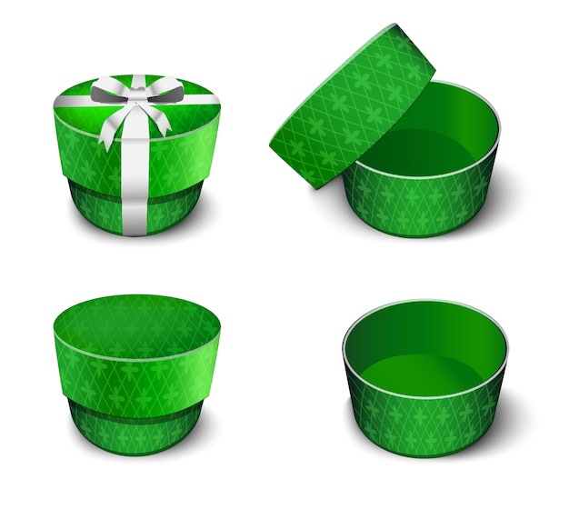 Elegant green round gift box for jewelry. illustration cartoon  in different angles.