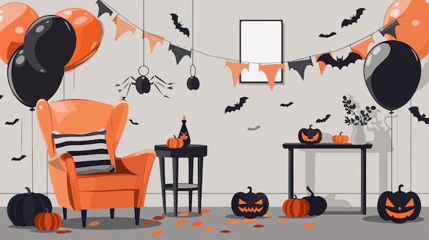 Vector elegant halloween decor with armchair table balloons and bats