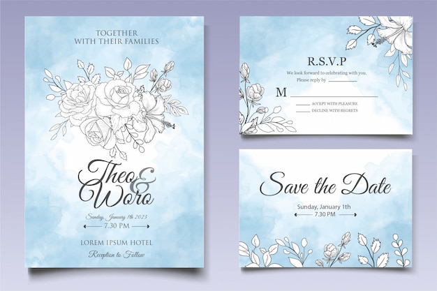 Elegant hand drawn floral wedding invitation template