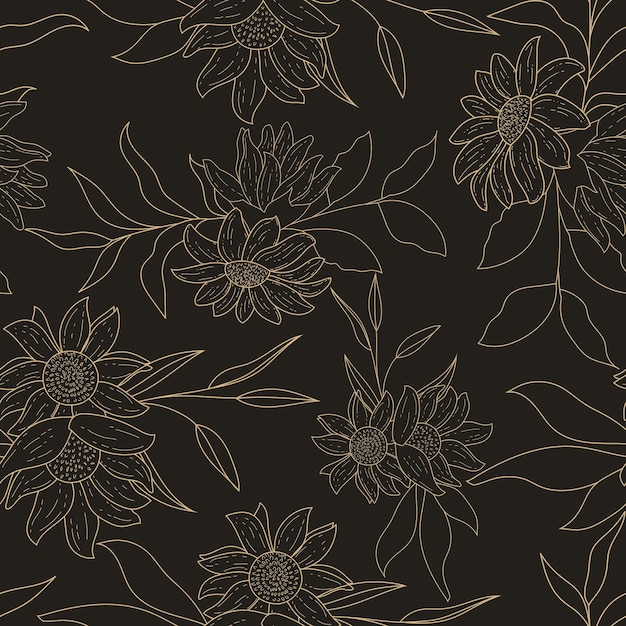 Elegant hand drawn golden floral seamless pattern