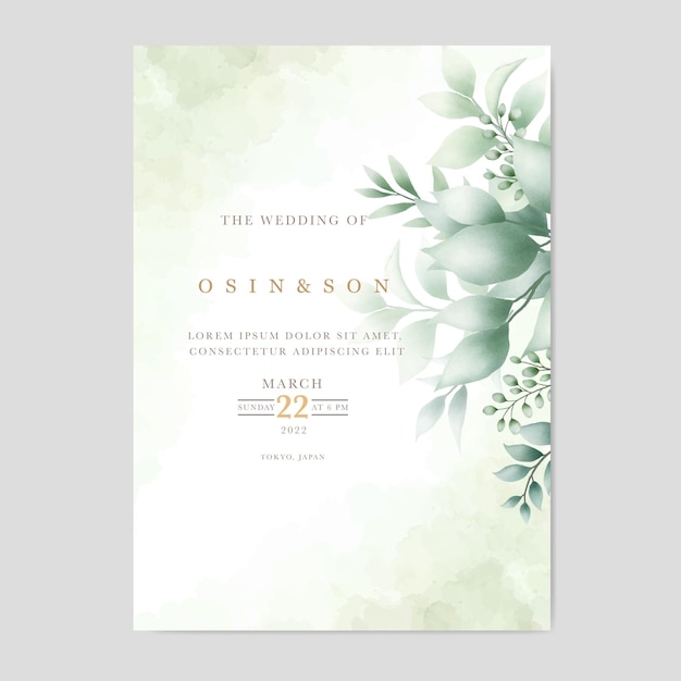 elegant hand drawn greenery leaves watercolor wedding invitation card