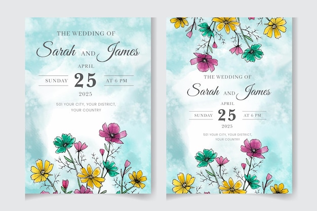 Elegant Hand drawn watercolor Wedding invitation and menu template and floral frame design