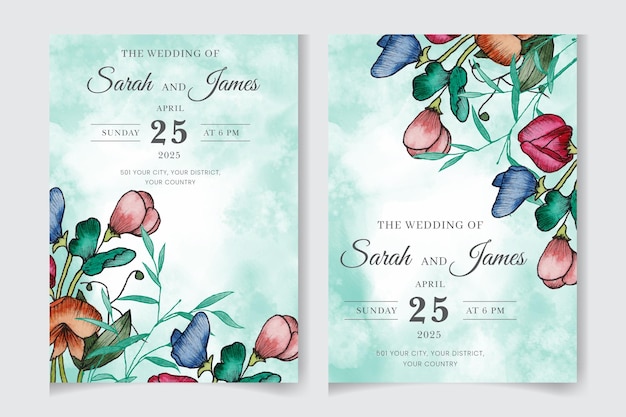 Elegant Hand drawn watercolor Wedding invitation and menu template and floral frame design