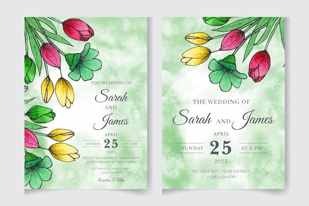 Elegant Hand drawn watercolor Wedding invitation and menu template and floral frame design