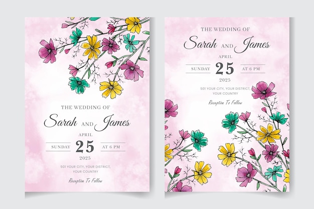 Elegant Hand drew watercolor Wedding invitation and menu template and floral frame design