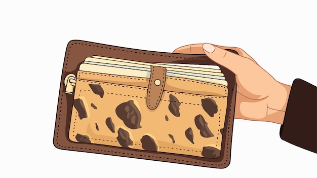 Vector elegant hand holding leopard print wallet with banknotes and coins