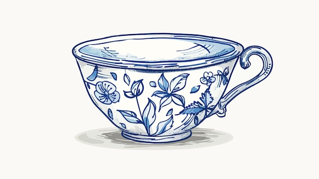 Vector elegant handdrawn blue porcelain artisanal tea cup illustration