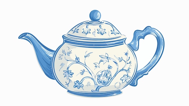 Vector elegant handdrawn blue porcelain artisanal teapot illustration