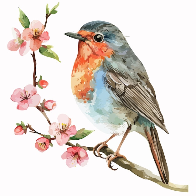 Elegant Handdrawn Watercolor Floral Robin Illustration