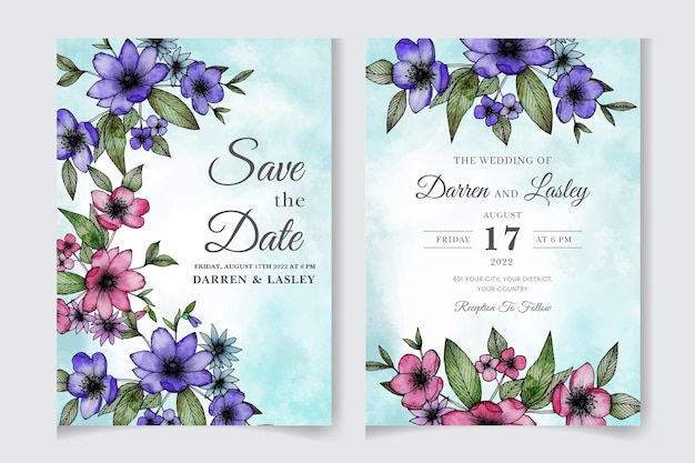 Elegant handdrawn wedding invitation card floral design with flowers leaves Nature art texture