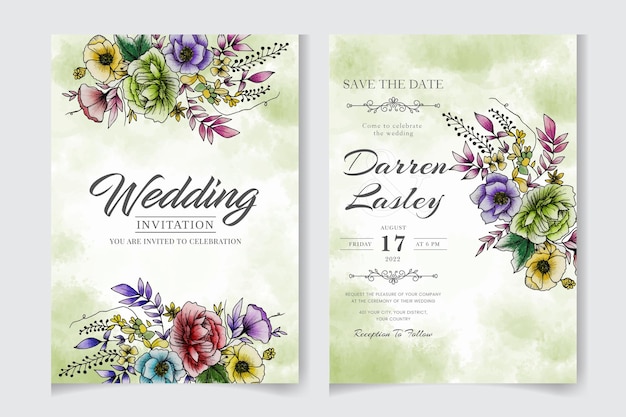 Elegant handdrawn wedding invitation card floral design with flowers leaves Nature art texture