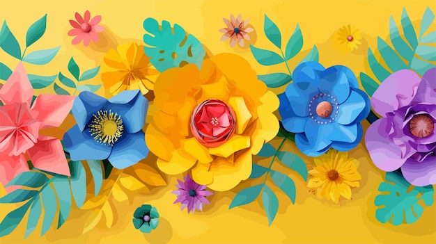 Vector elegant handmade paper flowers on vibrant yellow background