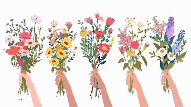 Vector elegant hands holding bouquets of spring flowers isolated