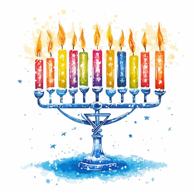 Elegant Hanukkah Menorah in Vibrant Colors with David Star on Stained Glass Background