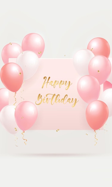 Elegant Happy Birthday party celebration card vertical template with pink and white balloons