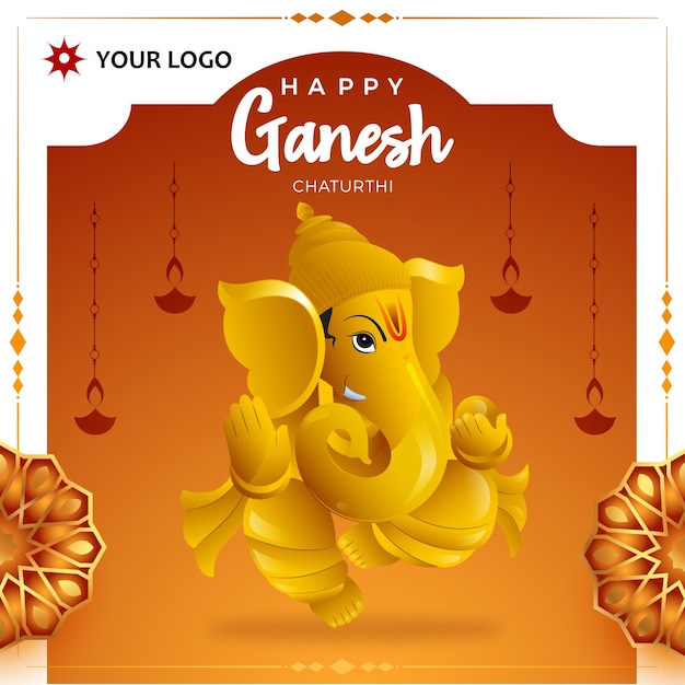 elegant happy Ganesh chaturthi festival poster with hanging diya and floral design