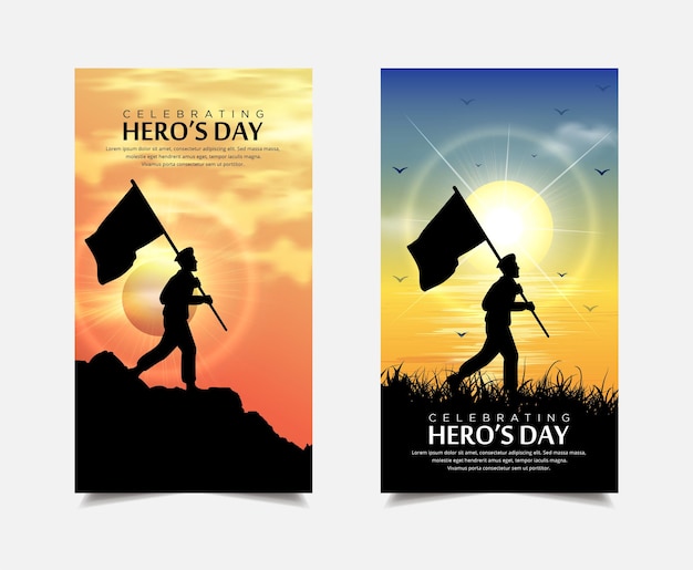 Elegant heroes day design template stories collection isolated on soldier hold flag and sunset