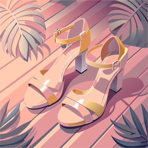 Vector elegant highheeled sandals with ankle straps placed on a wooden surface tropical leaves