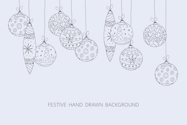 Elegant holiday card with drawing christmas tree toys  Hand drawn beautiful new year background