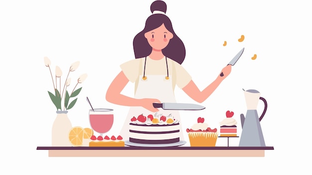 Elegant Home Bakery Concept Woman Cutting Cake with Knife