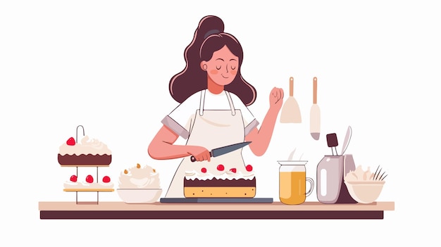 Elegant Home Bakery Concept Woman Cutting Cake with Knife