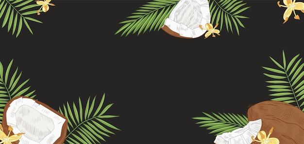 Elegant horizontal background with coconuts, palm tree leaves and flowers on black