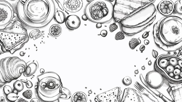 Vector elegant horizontal illustration on breakfast theme in black and white