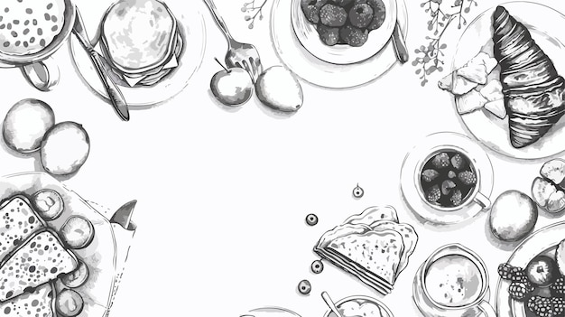 Vector elegant horizontal illustration on breakfast theme in black and white