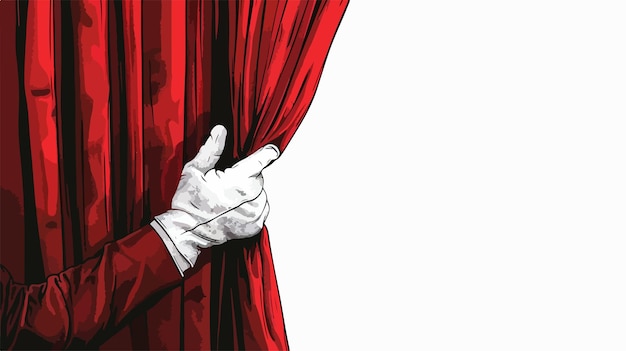 Vector elegant human hand opening red velvet curtain in white glove