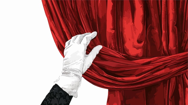 Vector elegant human hand opening red velvet curtain in white glove