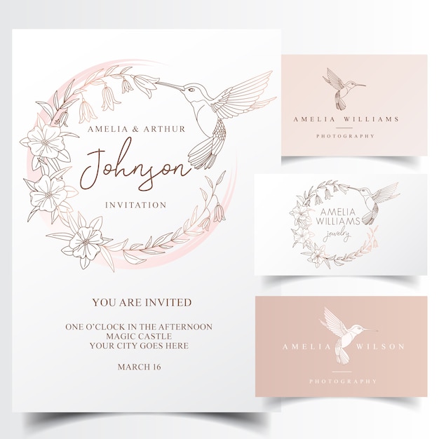 Elegant hummingbird logo design and invitation card