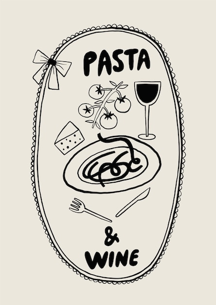 Vector elegant illustration of pasta wine and cheese dining theme