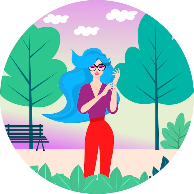 Elegant illustration woman in glasses in a park in nature